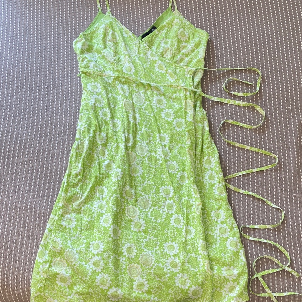 Lime Green Floral wrap Dress with Tie Waist